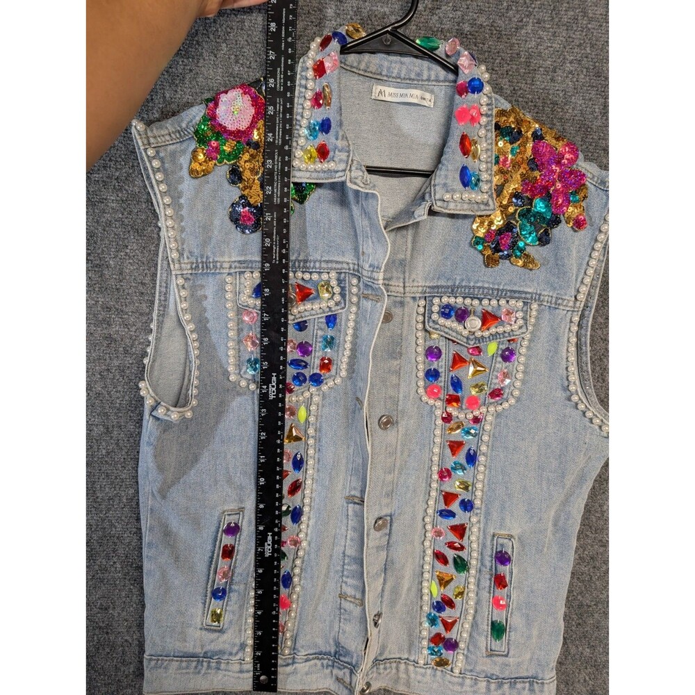 Handmade Denim Vest Pearl Embellished Sequin Floral Boho Festival Western - Picture 8 of 10